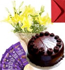 send Eggless Chocolate Truffle Cake Lilies Bouquet N Chocolate delivery