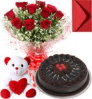 send Eggless Chocolate Traffle Cake Roses Bouquet N Teddy delivery