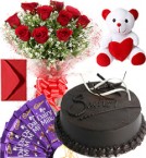 send Eggless Chocolate Traffle Cake Roses Bouquet Teddy N Chocolate delivery