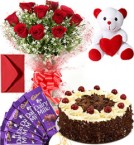 send Eggless Black Forest Cake Roses Bouquet Teddy N Chocolate delivery