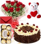 send Eggless Black Forest Cake Roses Bouquet Teddy N Ferrero Rocher Box delivery