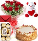 send Eggless Butterscotch Cake Roses Bouquet Teddy N Ferrero Rocher Box delivery