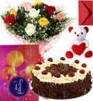 send Eggless Black Forest Cake Mix Roses Bouquet Teddy N Cadbury Celebration Box delivery