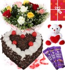 send Eggless Heart Shaped Black Forest Cake Roses Teddy Chocolate Starter Combo delivery