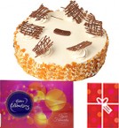 send Eggless Butterscotch Cake with Cadbury Celebrations Gift Pack n Card delivery