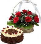 send 1Kg Black Forest Cake n Red Roses Basket  delivery
