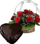 send 1Kg Heart Shape Chocolate Truffle Cake N Red Roses Basket delivery