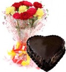 send 1Kg Heart Shape Chocolate Truffle Cake N Carnations Bouquet delivery