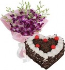 send 1Kg Heart Shape Black Forest Cake N 5pcs Orchids Bouquet delivery
