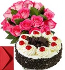 send 1Kg Black Forest with Pink Roses Bouquet n Greeting Card delivery