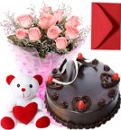 send Pink Roses Bouquet Chocolate Cake Teddy delivery