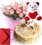 send Pink Roses Bouquet Butterscotch Cake Teddy delivery