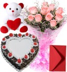 send 1Kg Heart Shape Black Forest Cake Pink Roses Bouquet Teddy delivery
