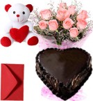 send 1Kg Heart Shape Chocolate Cake Pink Roses Bouquet Teddy delivery