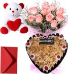 send 1Kg Heart Shape Butterscotch Cake Pink Roses Bouquet Teddy delivery