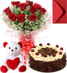 send Half Kg Black Forest Cake Roses Bouquet N Teddy delivery