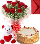 send Half Kg Butterscotch Cake Roses Bouquet N Teddy delivery