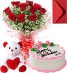 send Half Kg Strawberry Cake  Roses Bouquet N Teddy delivery