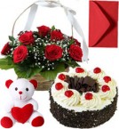 send Black Forest Cake Half Kg Roses Basket N Teddy Gifts delivery