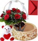 send Butterscotch Cake Half Kg Roses Basket N Teddy Gifts delivery
