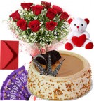 send Butterscotch Cake Roses Bouquet Teddy N Chocolate delivery