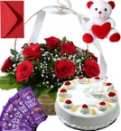 send Pineapple Cake Roses Basket Teddy N Chocolate delivery