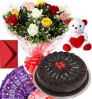 send 1Kg Chocolate Cake Roses Bouquet Teddy N Chocolate Combo Gift delivery
