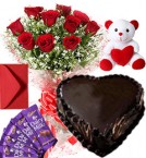 send 1Kg Heart Shape Chocolate Cake Roses Bouquet Teddy N Chocolate Combo delivery