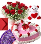 send 1Kg Heart Shape Strawberry Cake Roses Bouquet Teddy N Chocolate Combo Gift delivery