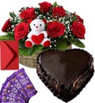 send 1Kg Heart Chocolate Cake Roses Basket Teddy N Chocolate Combo Gift delivery