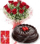 send 1Kg Eggless Chocolate Truffle Cake Roses bouquet Greeting Card delivery