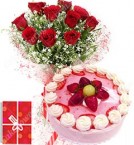 send Eggless 1Kg Strawberry Cake 10 Mix Roses bouquet n Greeting Card delivery