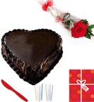 send Eggless Heart Shaped 1Kg Chocolate Cake Candle Greeting Card Single Roses  delivery