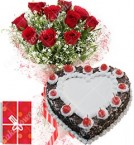 send 1Kg Black Forest Heart Shape Eggless Cake Roses Bouquet N Greeting Card delivery