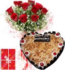 send 1Kg Heart Shape Butterscotch Eggless Cake Roses Bouquet N Greeting Card delivery