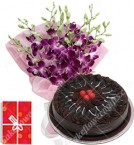 send 500gms Chocolate Eggless Cake N Orchids Bouquet delivery