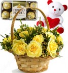 send Gifts of Yellow Roses basket n ferrero rocher chocolate n Teddy Bear delivery