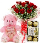 send Gift of 10 Red Roses Bouquets Ferrero Rocher Chocolate Teddy Bear delivery