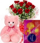 send Gift of 10 Red Roses Bouquets cadbury celebrations Teddy  delivery