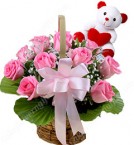 send 15 Pink Roses Basket n Teddy delivery