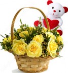 send 15 Yellow Roses Basket n Teddy delivery