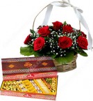 send Gift of 1Kg Assorted Sweet Box n Roses Basket delivery