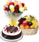 send Fresh Fruits Gift Basket n Roses Bouquet n Cake  delivery