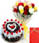 send Eggless Black Forest Cake with Mix Roses Bunch Card delivery