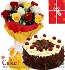 send 1Kg Black Forest Cake Roses bouquet n Greeting Card delivery