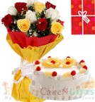 send 1Kg Pineapple Cake Roses bouquet n Greeting Card delivery