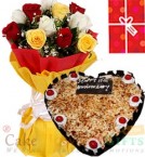 send 1Kg Butterscotch Heart Shape Cake  Roses bouquet n Greeting Card delivery