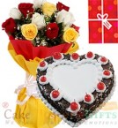 send 1Kg Black Forest Heart Shape Cake Roses bouquet n Greeting Card delivery