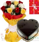 send 1Kg Chocolate Truffle Heart Shape Cake Roses bouquet n Greeting Card delivery