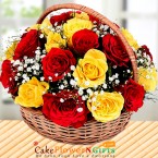 send pink and yellow roses flower basket delivery